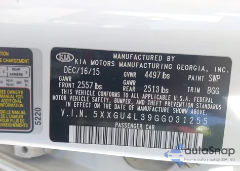 2016 Kia Optima Ex z USA, uszkodzony, nr VIN 5XXGU4L39GG031255